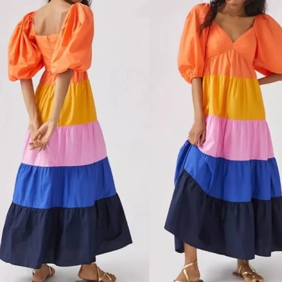 Farm Rio for Anthropologie Tiered Colorblock Cotton Puff Sleeve Maxi Dress XS - Picture 10 of 10